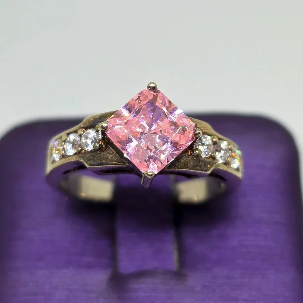 Vintage Sterling Silver Ring with Princess Cut Pink Solitaire Cubic Zirconia